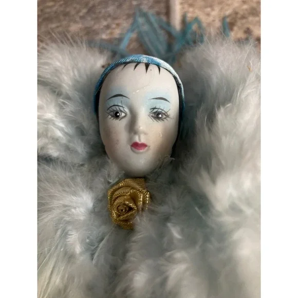 Vintage‎ Porcelain Doll Blue Feathered Costume Ballerina